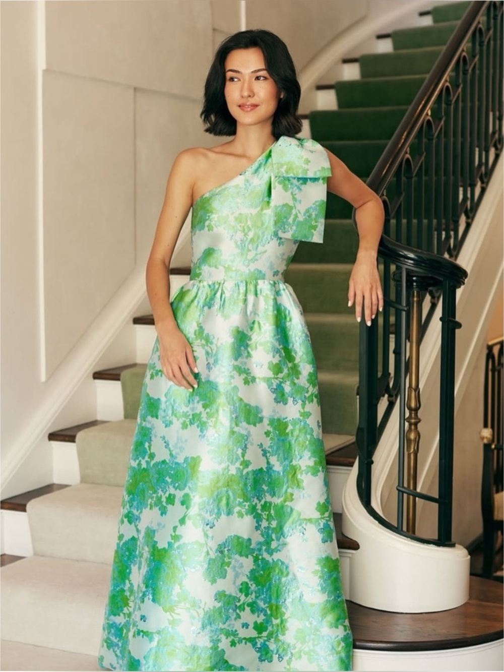 ABBEY GLASS Caroline Gown Abstract Brocade Dress Green Floral Party Size L